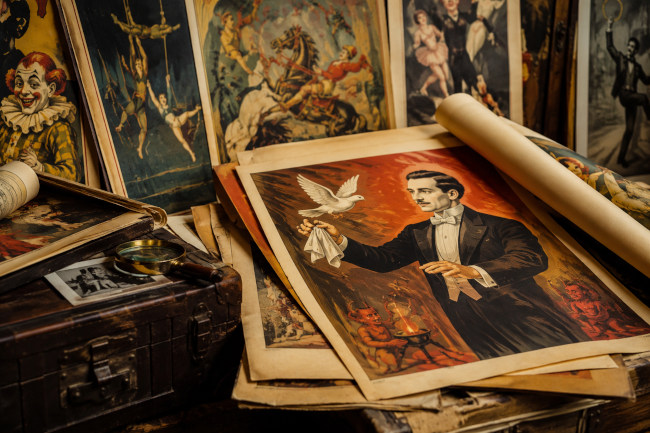 Collection d'affiches anciennes de spectacles et de magie soigneusement conservées dans un décor vintage, illustrant l'engouement des collectionneurs pour le patrimoine artistique et l'histoire du spectacle vivant